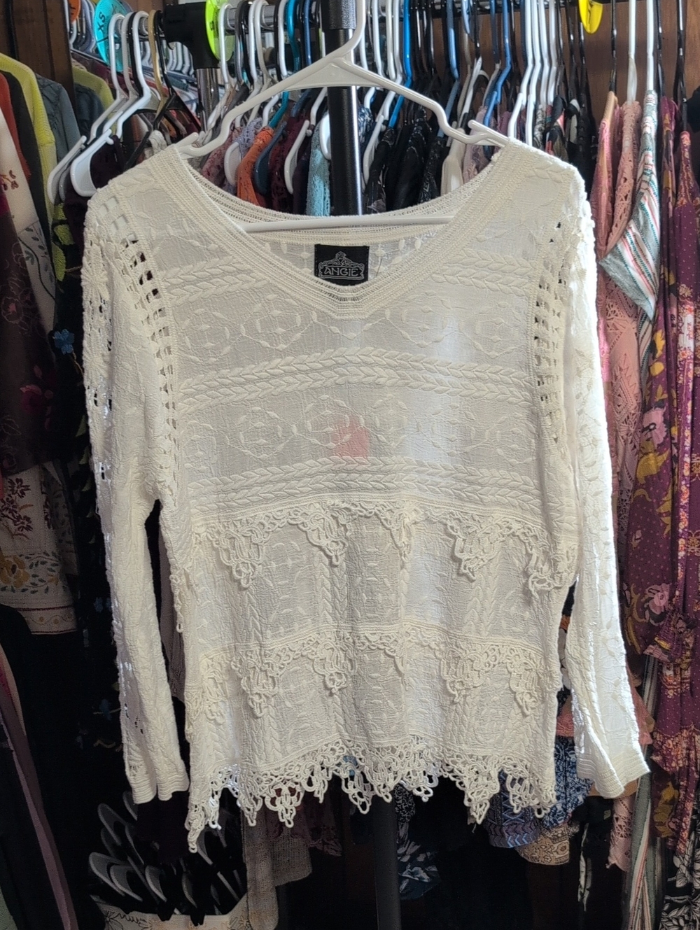 Angie Ivory Crochet Knit Long-Sleeve Pullover NWOT